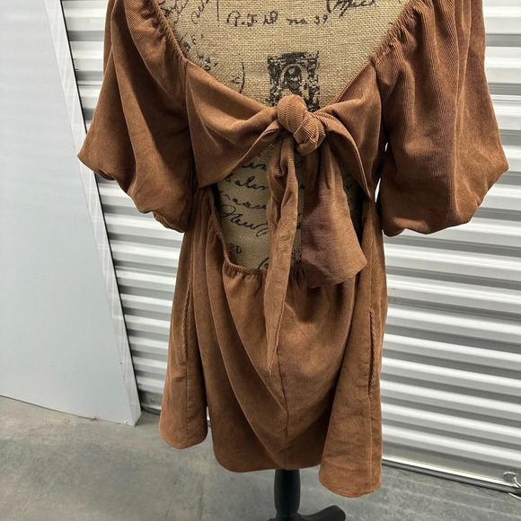 Cassie Brown Bow Back Corduroy Mini Dress, Large - Picture 4 of 10